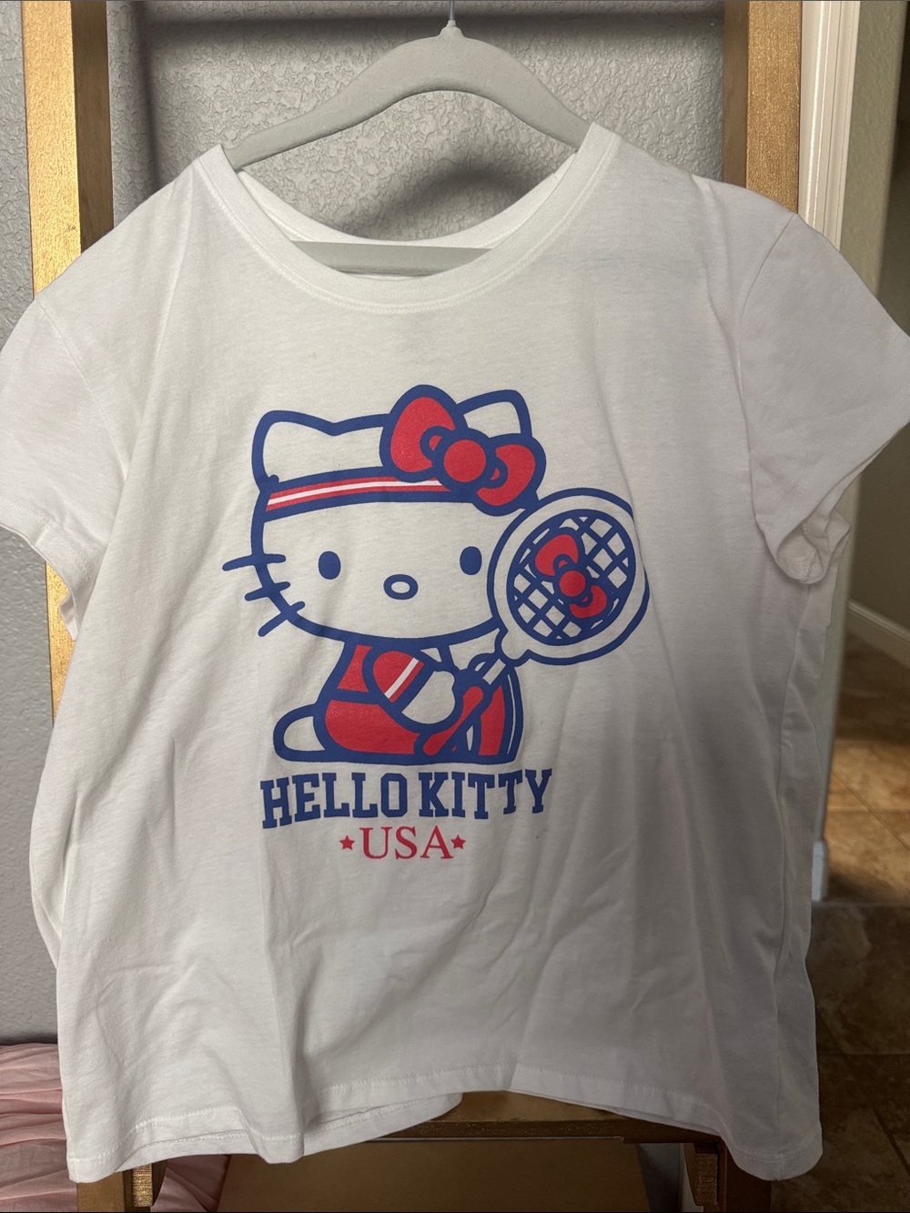 Hello Kitty White Tee with Red & Blue Tennis Graphic